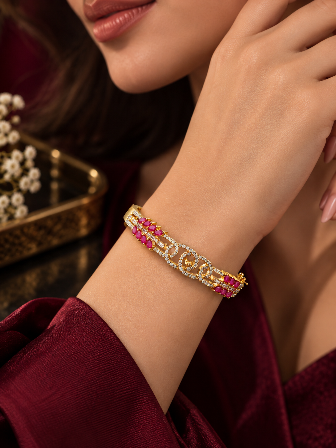Bhavmayi Creation Gold Designer Ruby & Crystal Cuff Bangle
