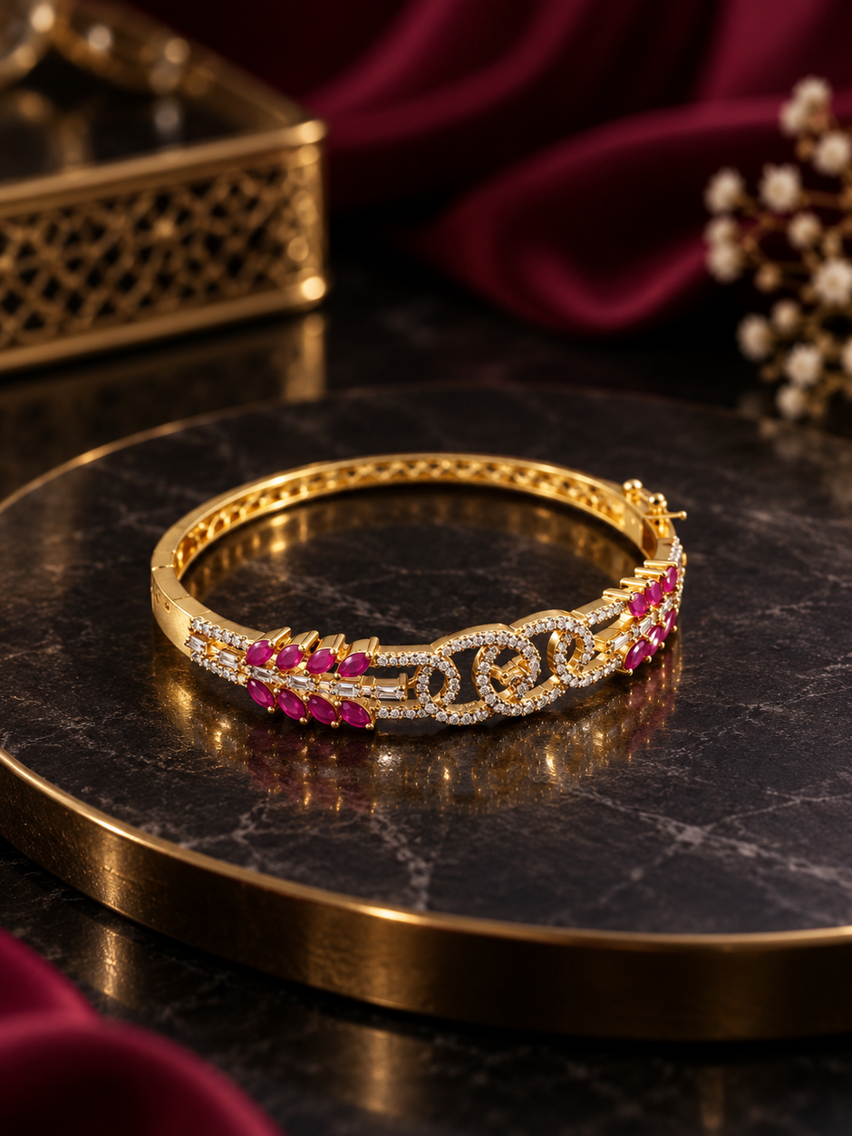 Bhavmayi Creation Gold Designer Ruby & Crystal Cuff Bangle