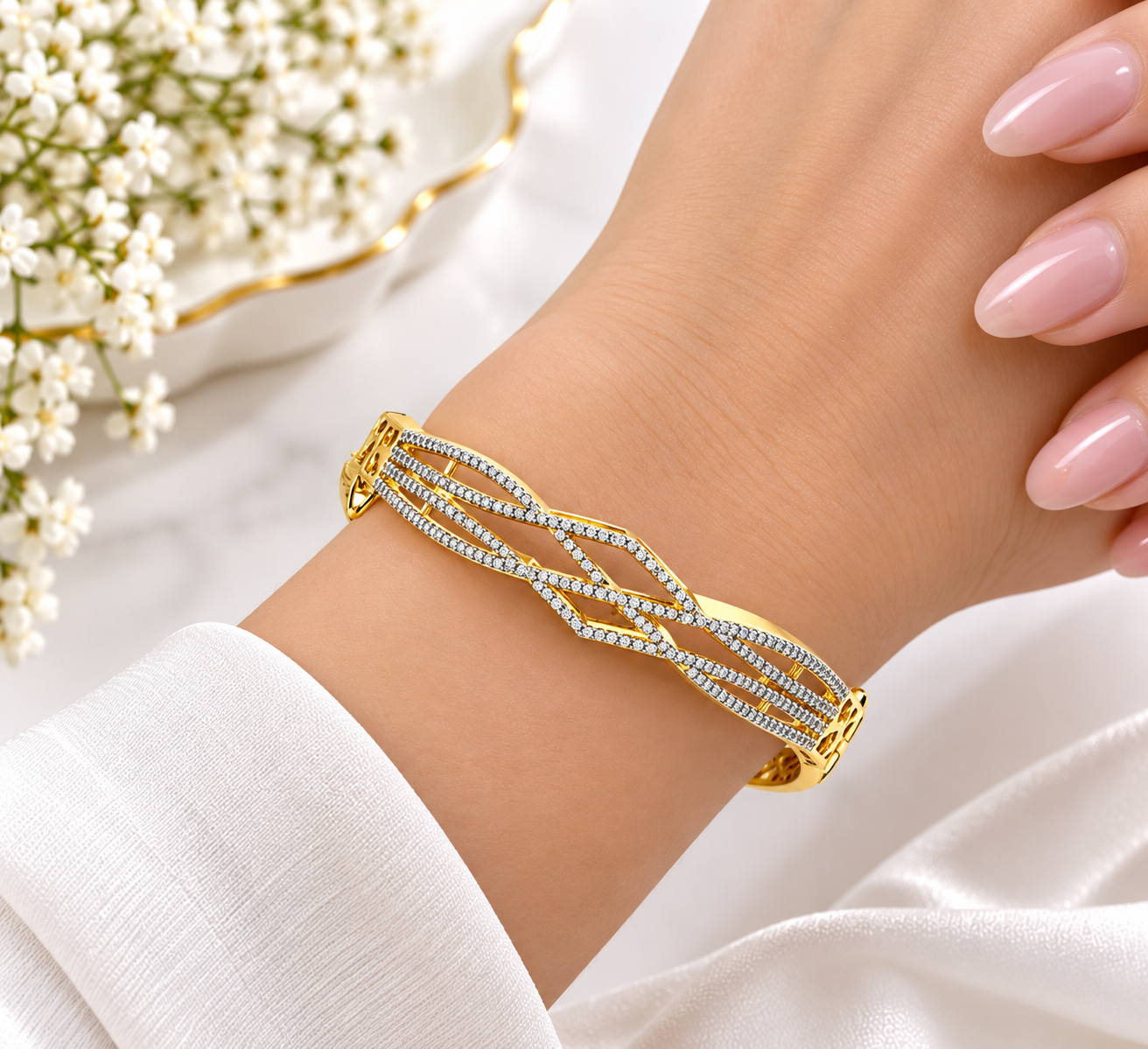 Bhavmayi Gold-Tone Crystal Crossover Designer Bangle