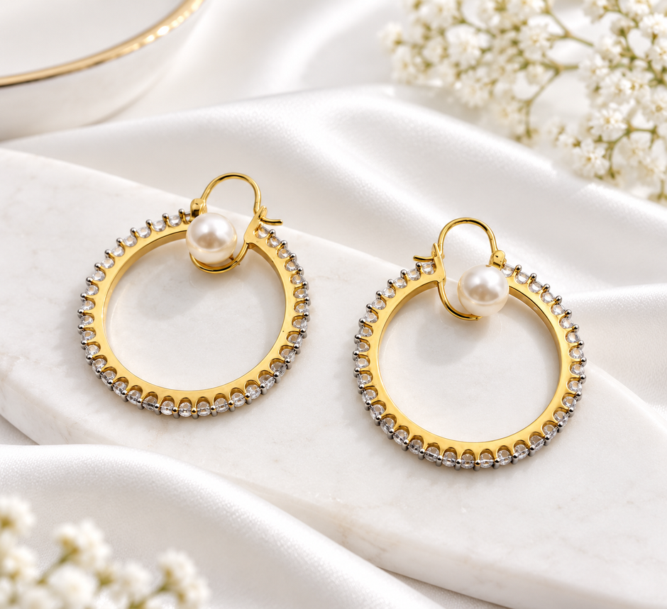 Bhavmayi Pearl Hoop Earrings with Dual-Tone Beaded Detailing