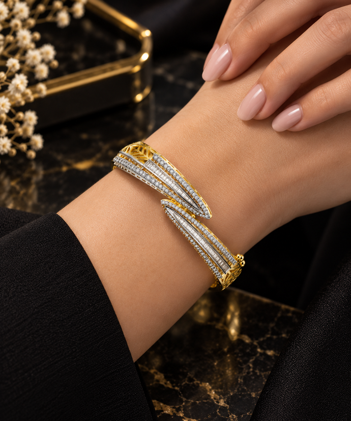 Bhavmayi Creation Gold Plated Crystal Pavé Open Cuff Bangle