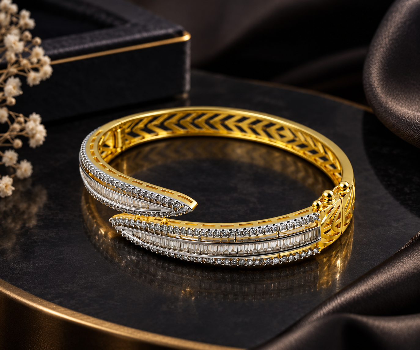 Bhavmayi Creation Gold Plated Crystal Pavé Open Cuff Bangle