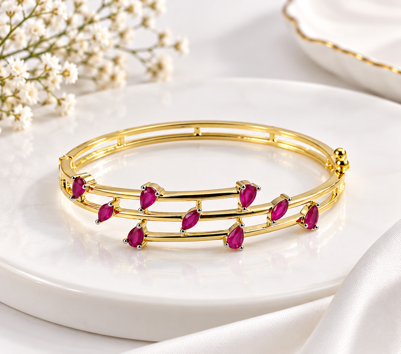 Bhavmayi Ruby Marquise Stone Multi-Rail Gold-Tone Bangle