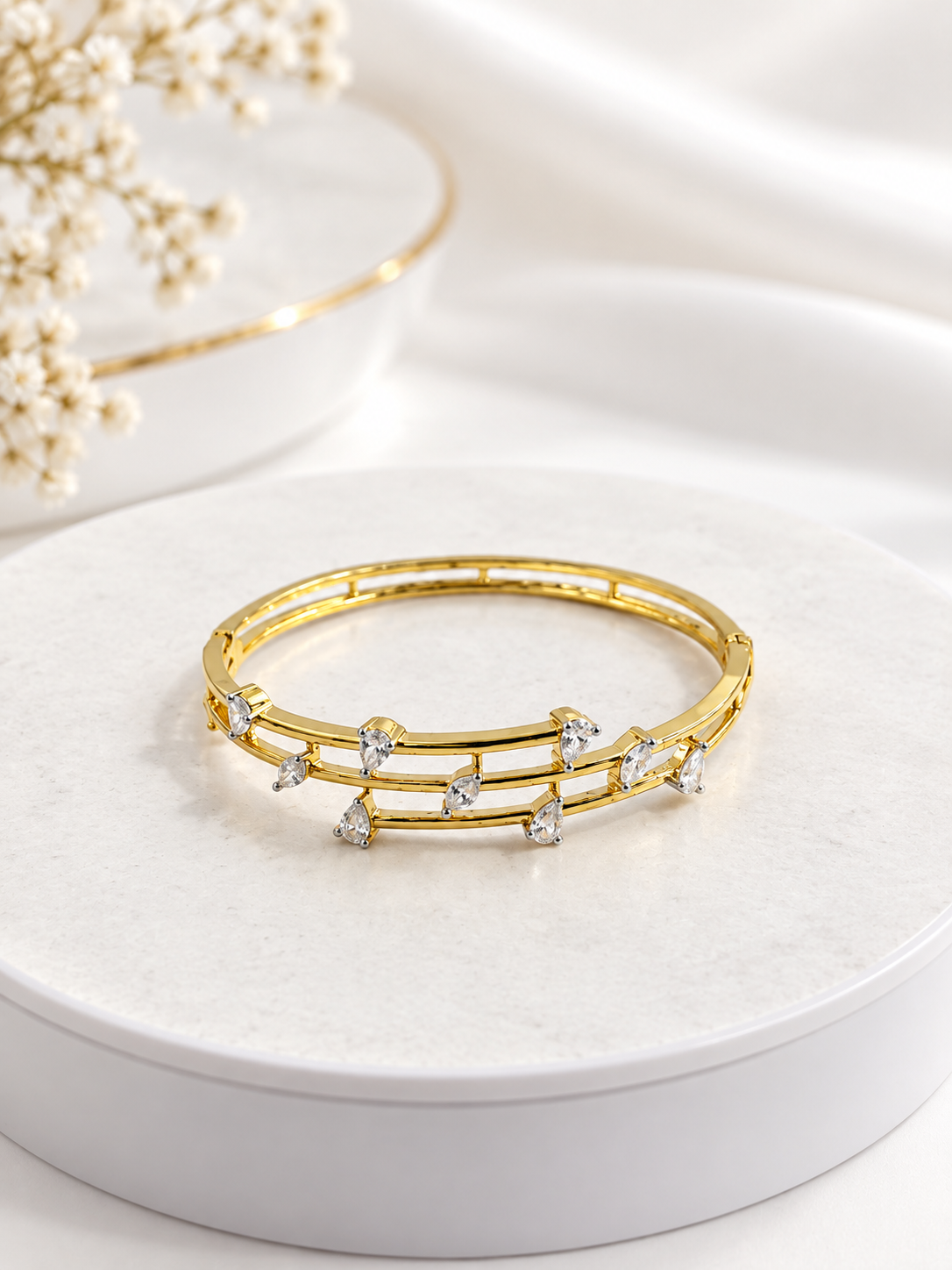 Bhavmayi Creation Gold & Crystal Multi-Leaf Designer Bangle