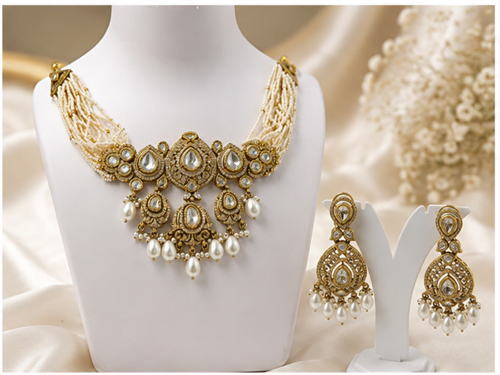 Bhavmayi Elegant Green Stone Gold-Tone Necklace & Earring Set for Women