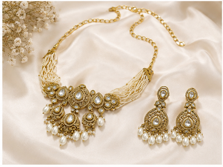 Bhavmayi Elegant Green Stone Gold-Tone Necklace & Earring Set for Women