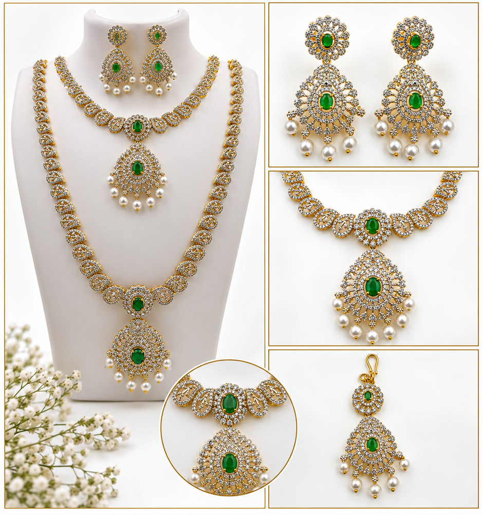 Bhavmayi Emerald-Tone Layered Necklace Set with Pearl-Drop Earrings