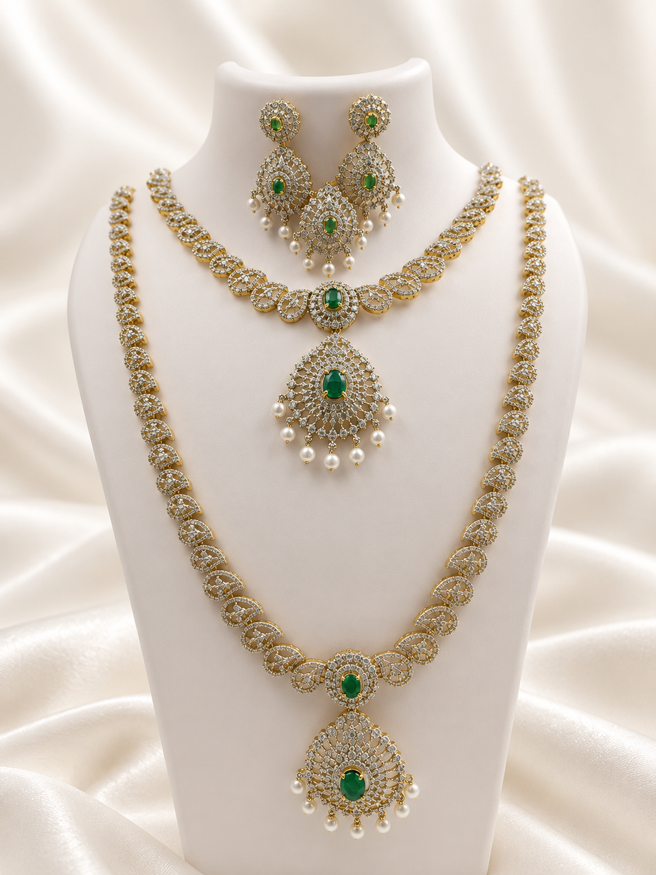 Bhavmayi Emerald-Tone Layered Necklace Set with Pearl-Drop Earrings