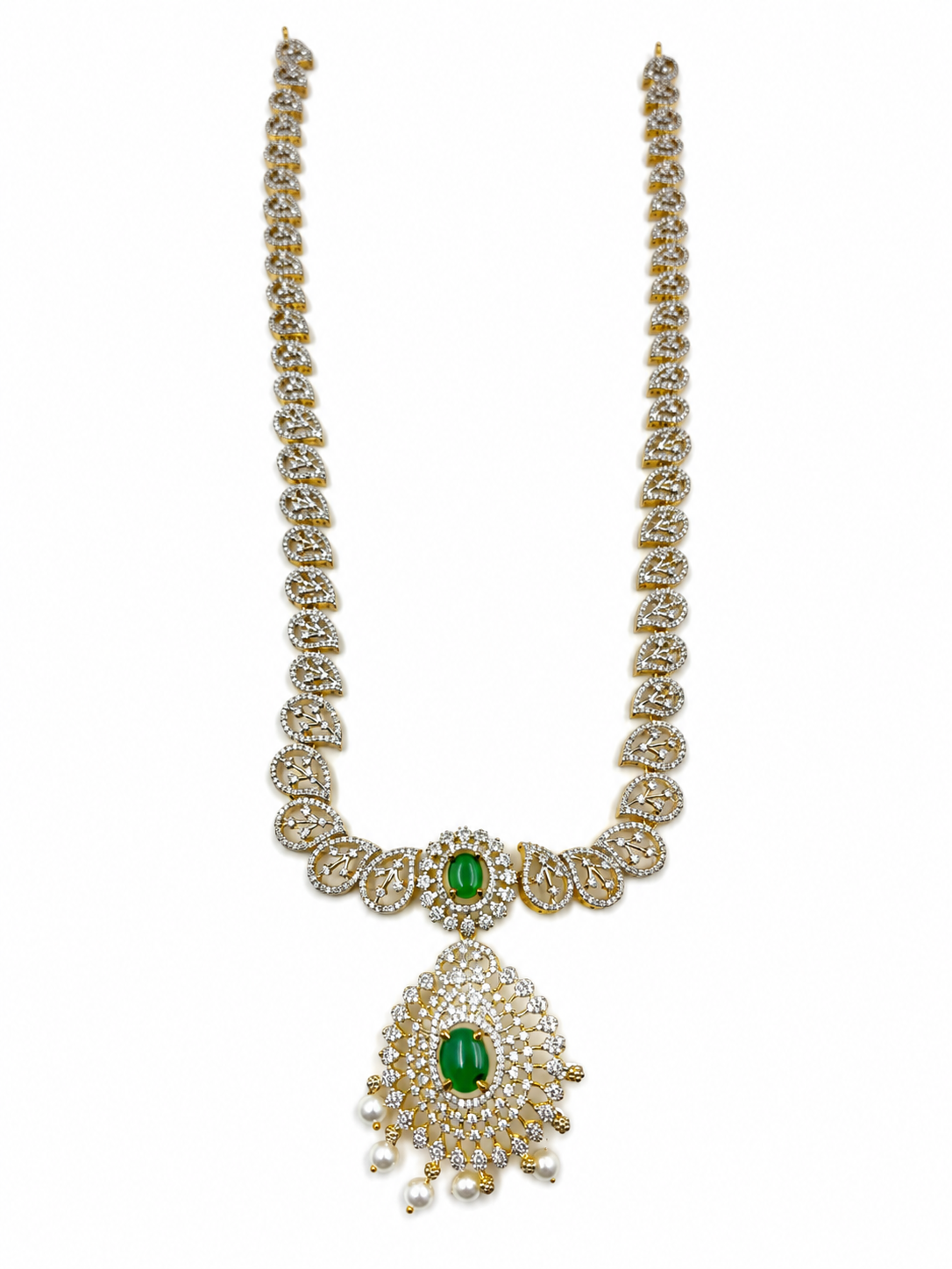 Bhavmayi Emerald-Tone Layered Necklace Set with Pearl-Drop Earrings