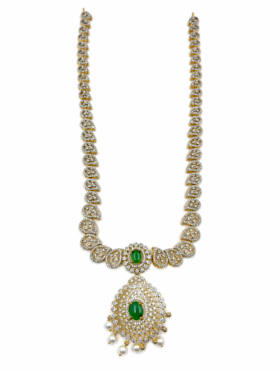 Bhavmayi Emerald-Tone Layered Necklace Set with Pearl-Drop Earrings