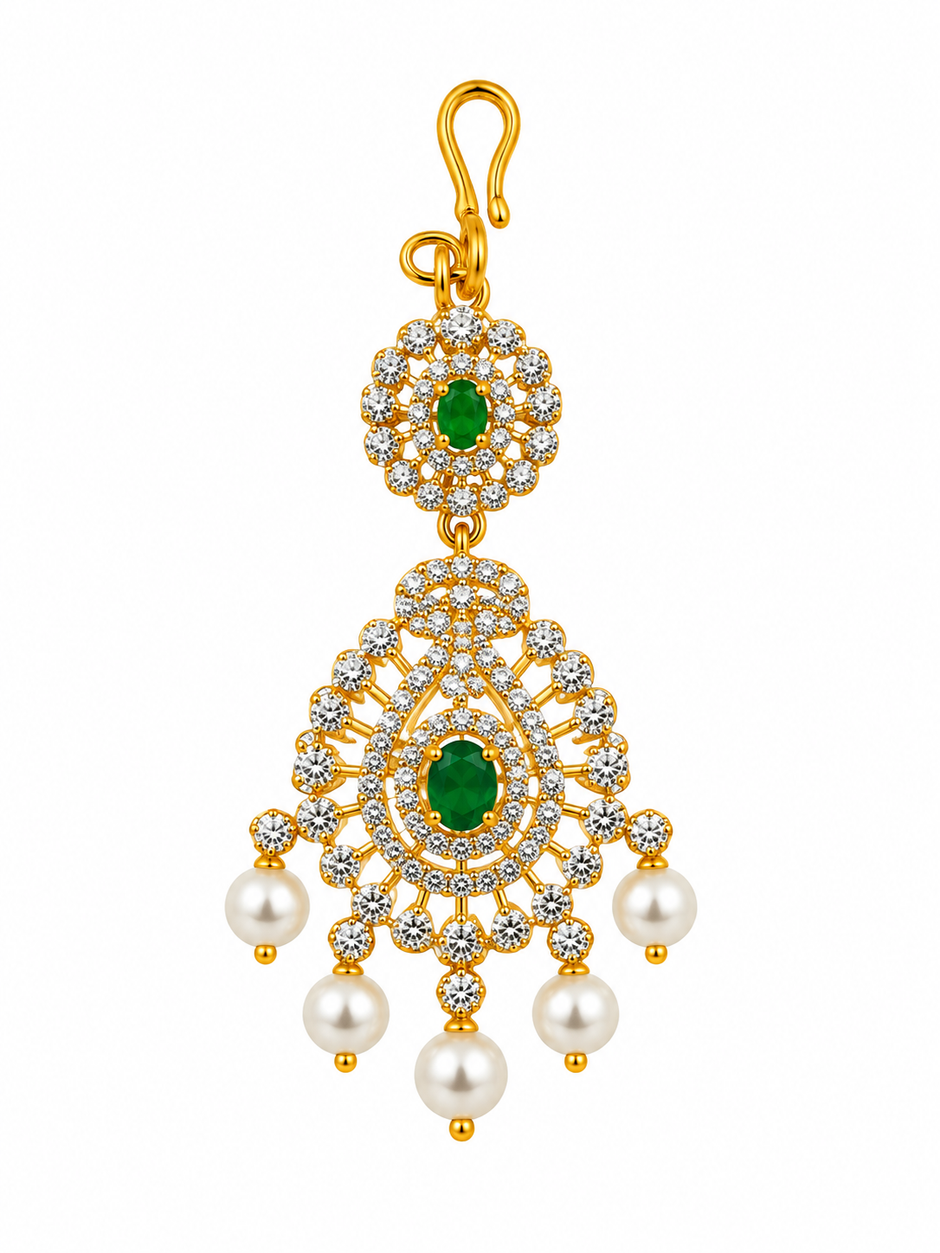 Bhavmayi Emerald-Tone Layered Necklace Set with Pearl-Drop Earrings