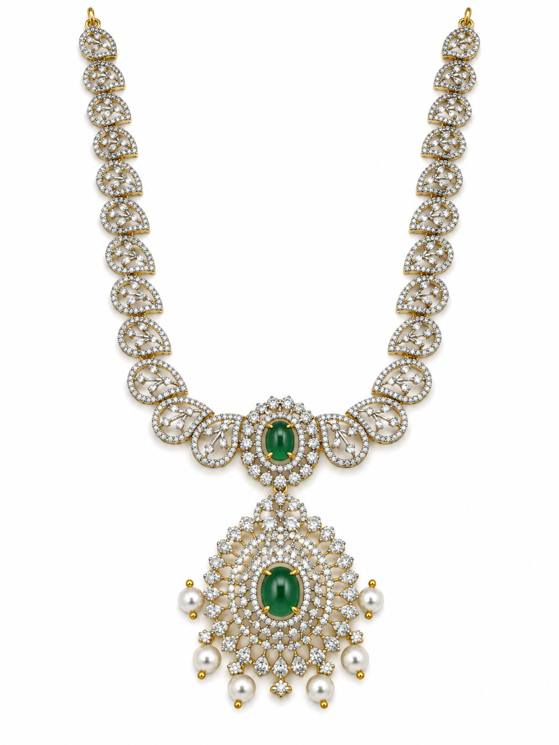 Bhavmayi Emerald-Tone Layered Necklace Set with Pearl-Drop Earrings