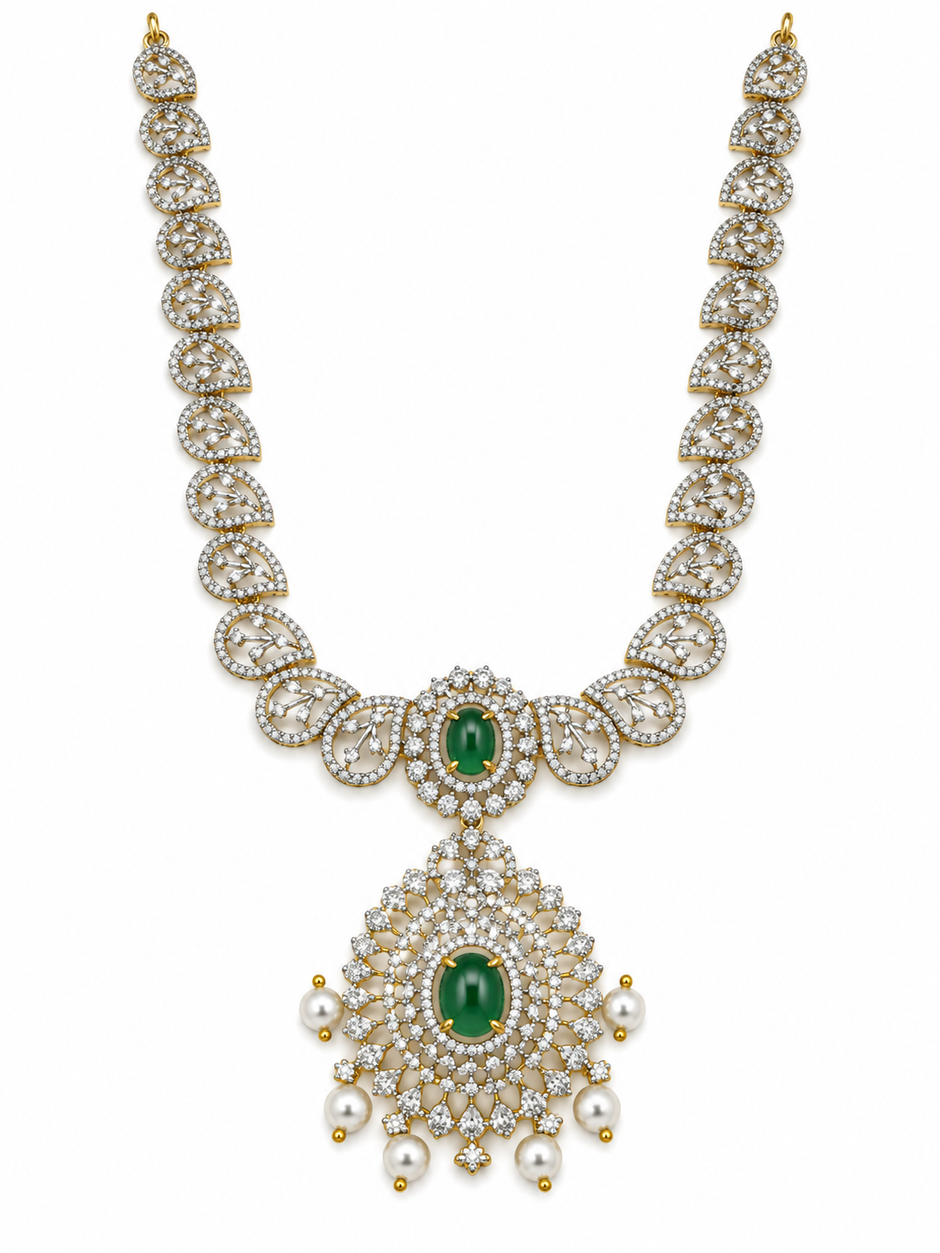 Bhavmayi Emerald-Tone Layered Necklace Set with Pearl-Drop Earrings