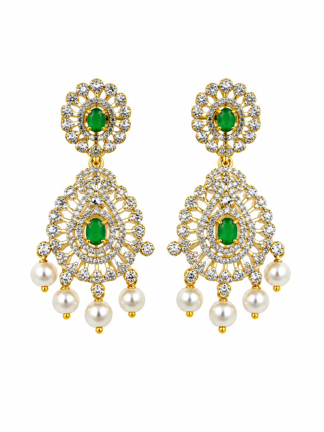 Bhavmayi Emerald-Tone Layered Necklace Set with Pearl-Drop Earrings