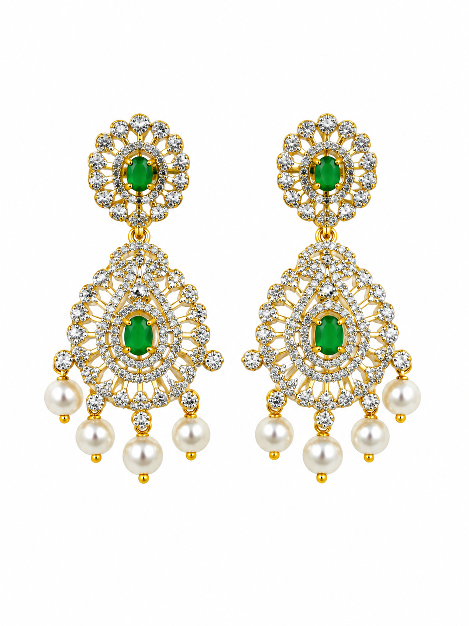 Bhavmayi Emerald-Tone Layered Necklace Set with Pearl-Drop Earrings