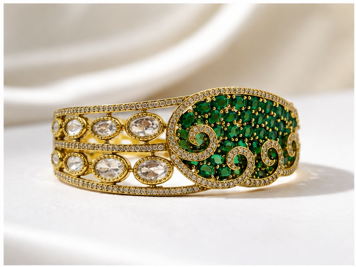 Bhavmayi Emerald Green Stone Gold-Tone Designer Statement Bangle for Women