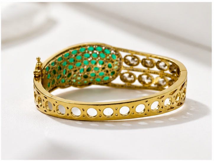 Bhavmayi Emerald Green Stone Gold-Tone Designer Statement Bangle for Women