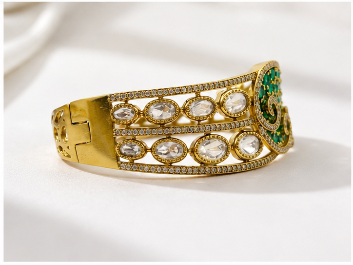 Bhavmayi Emerald Green Stone Gold-Tone Designer Statement Bangle for Women
