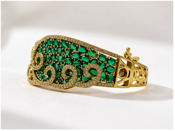Bhavmayi Emerald Green Stone Gold-Tone Designer Statement Bangle for Women