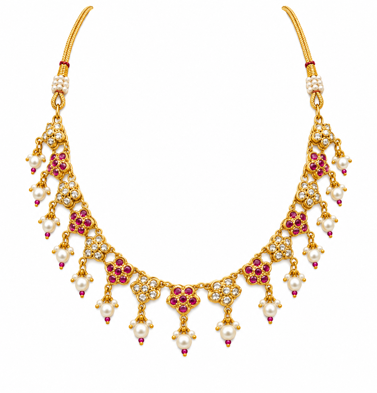 Bhavmayi Floral Ruby Pearl Drop Necklace Set
