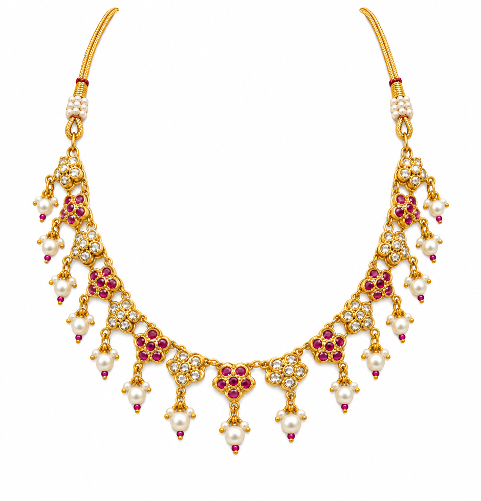 Bhavmayi Floral Ruby Pearl Drop Necklace Set