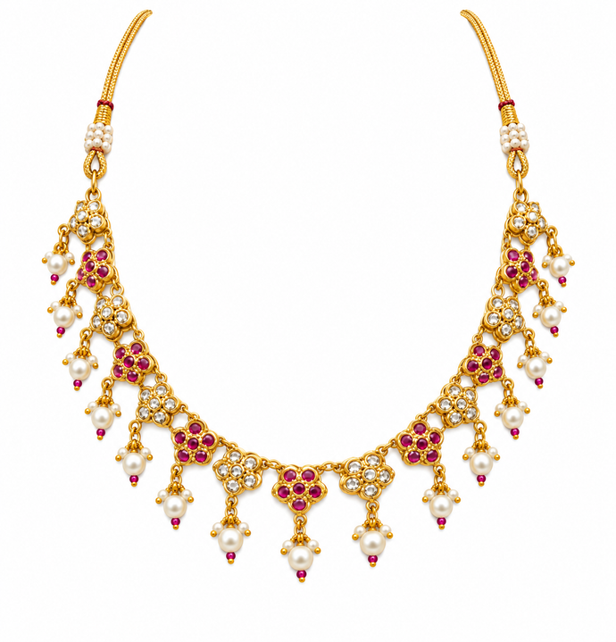 Bhavmayi Floral Ruby Pearl Drop Necklace Set