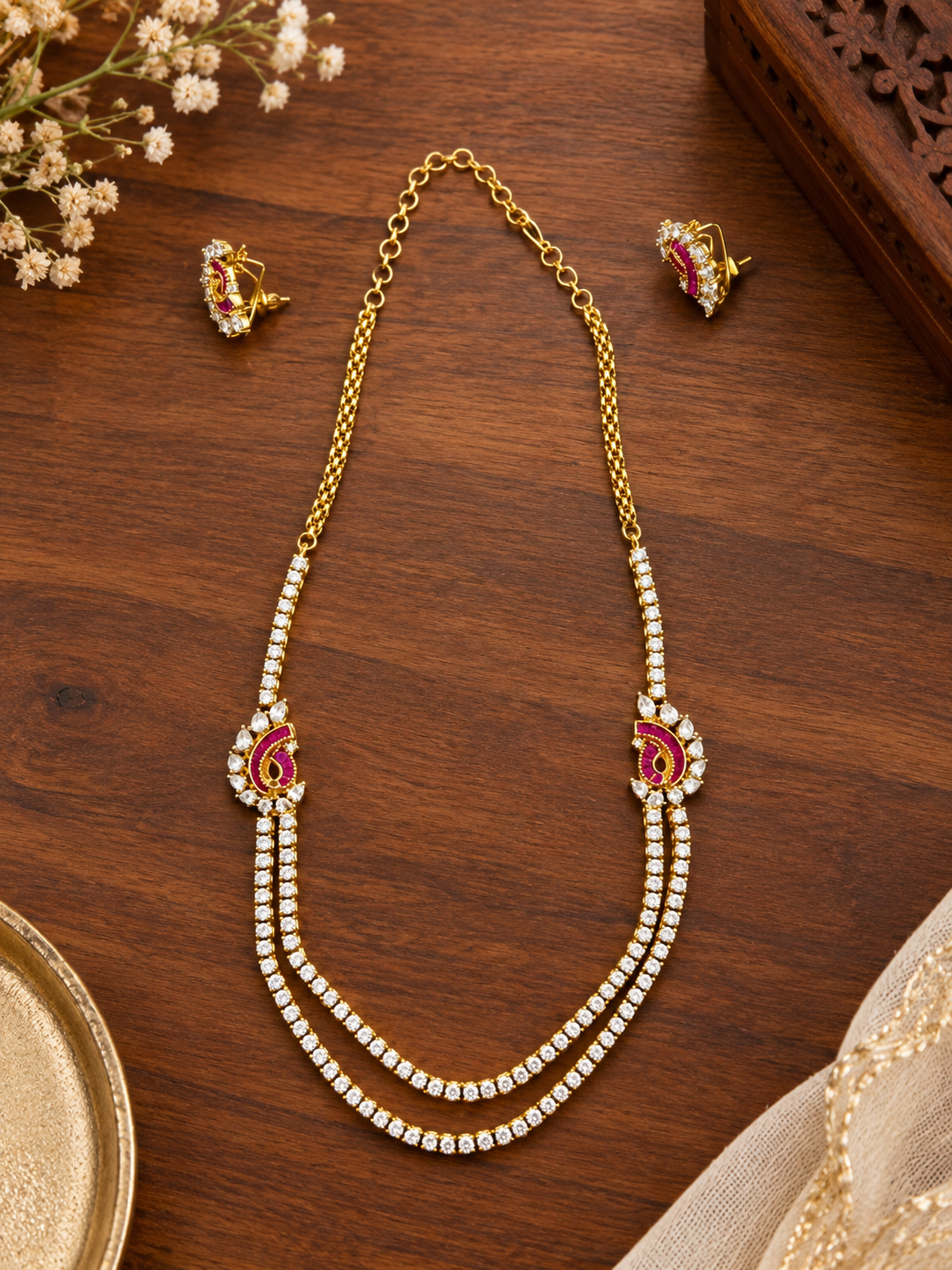 Bhavmayi Gold-Plated Ruby & Crystal Necklace and Earrings Set