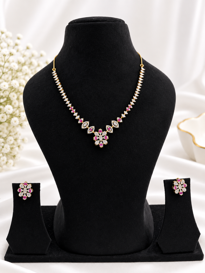 Bhavmayi Gold-Plated Ruby & Crystal Necklace and Earrings Set