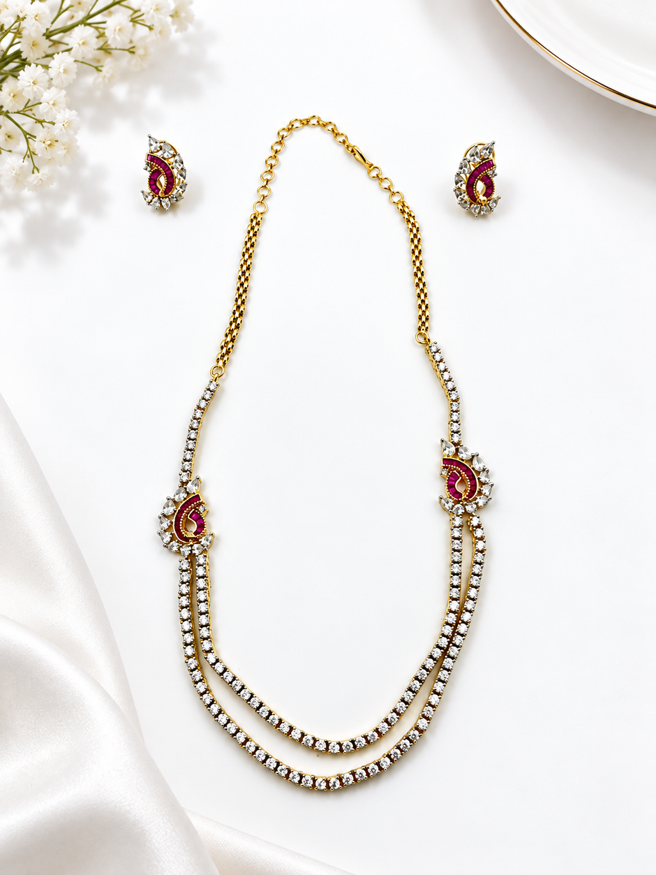 Bhavmayi Gold-Plated Ruby & Crystal Necklace and Earrings Set