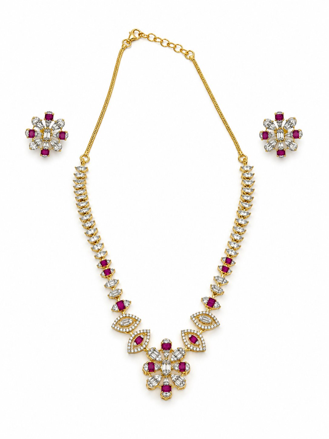 Bhavmayi Gold-Plated Ruby & Crystal Necklace and Earrings Set