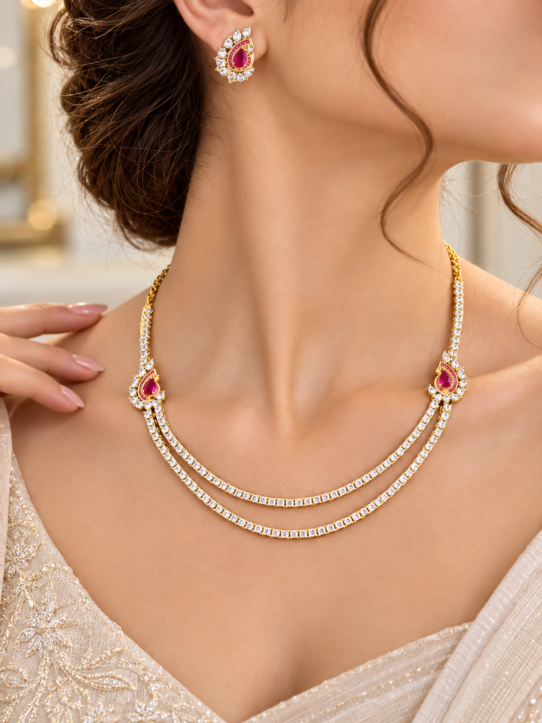 Bhavmayi Gold-Plated Ruby & Crystal Necklace and Earrings Set