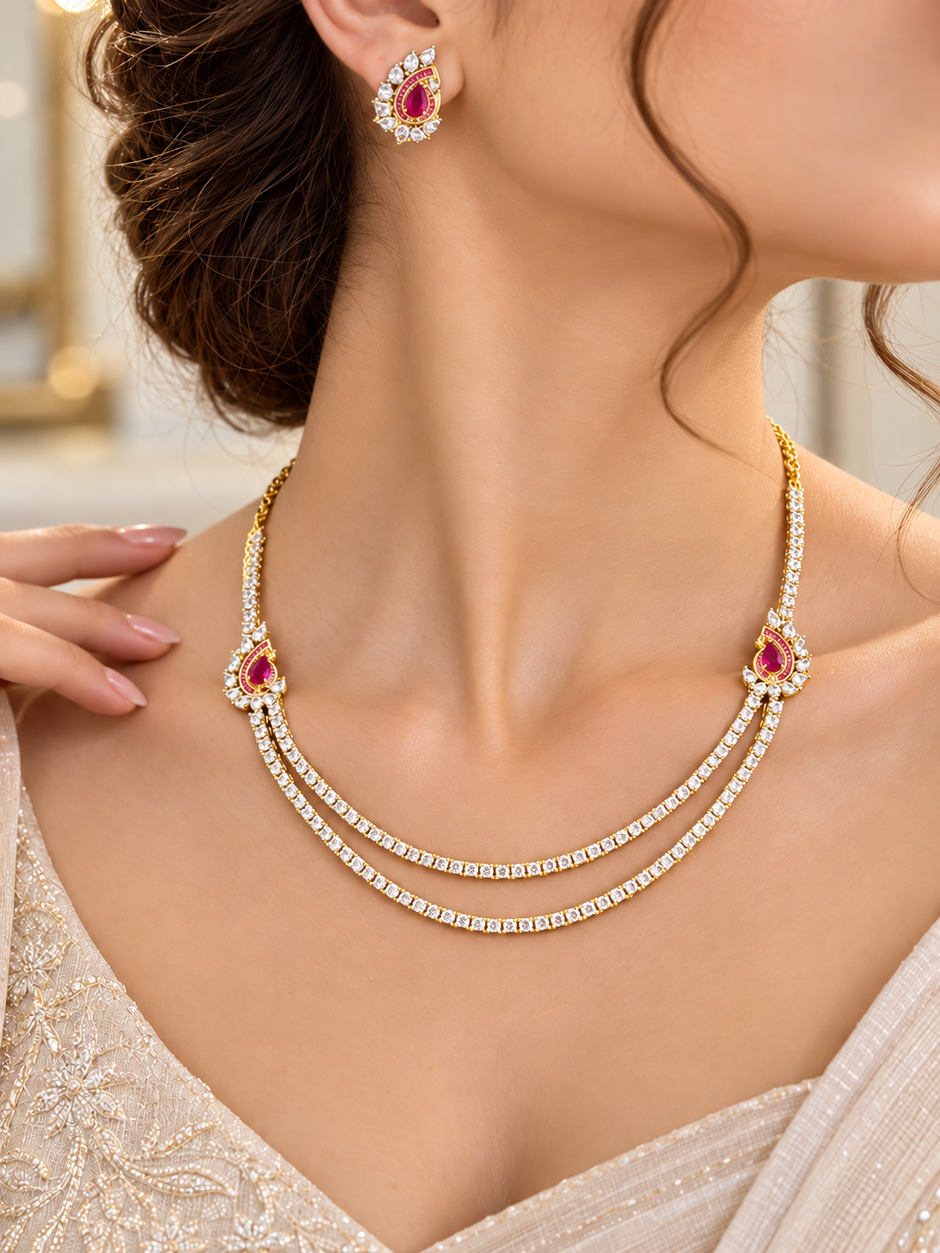 Bhavmayi Gold-Plated Ruby & Crystal Necklace and Earrings Set