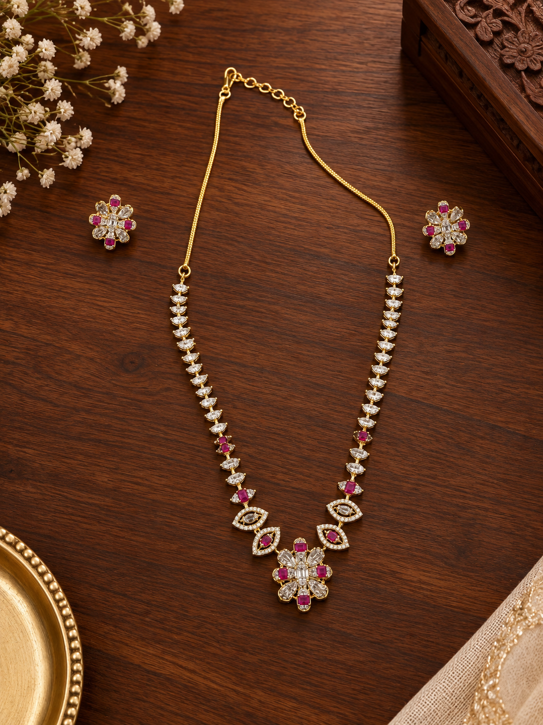 Bhavmayi Gold-Plated Ruby & Crystal Necklace and Earrings Set