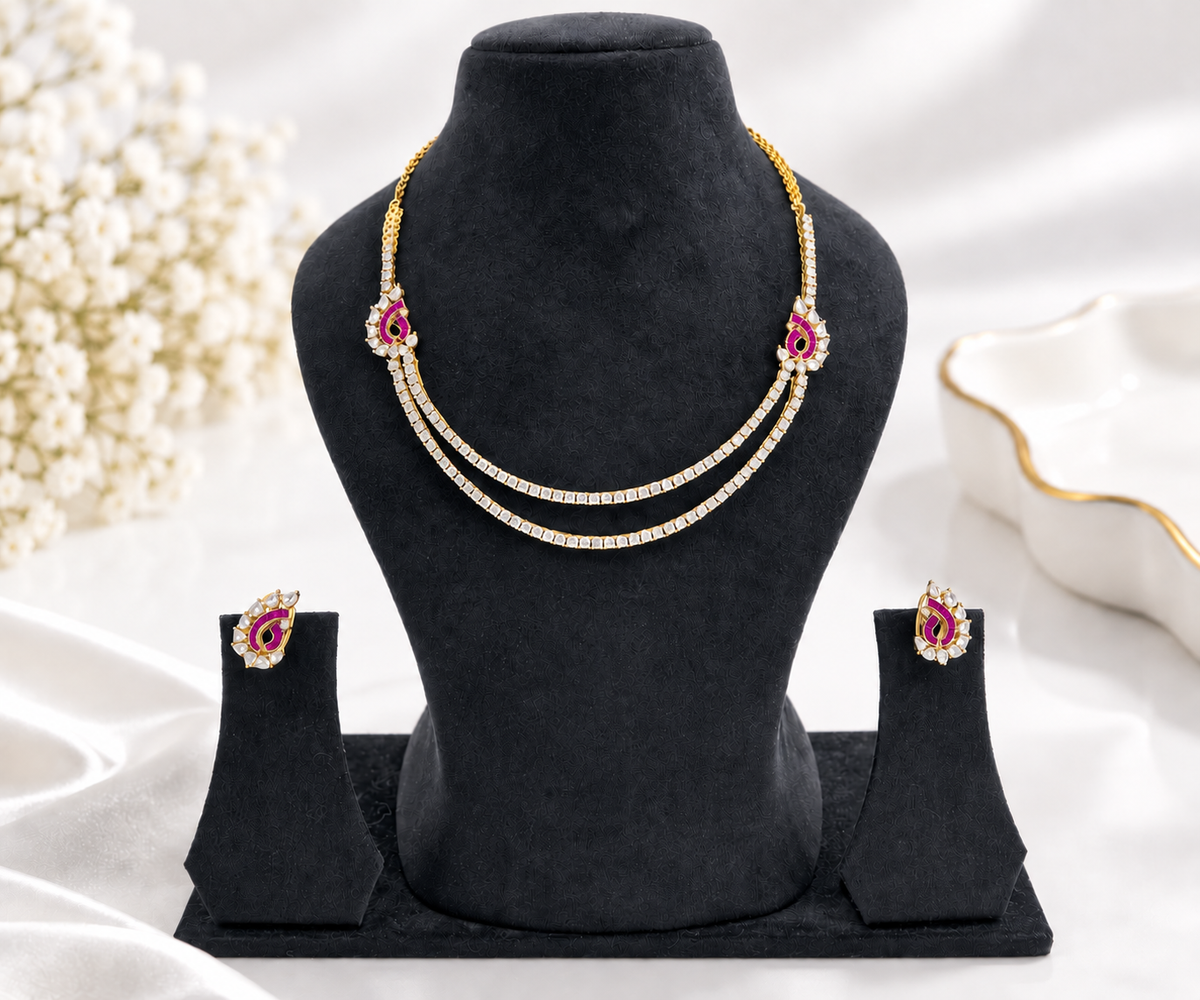 Bhavmayi Gold-Plated Ruby & Crystal Necklace and Earrings Set