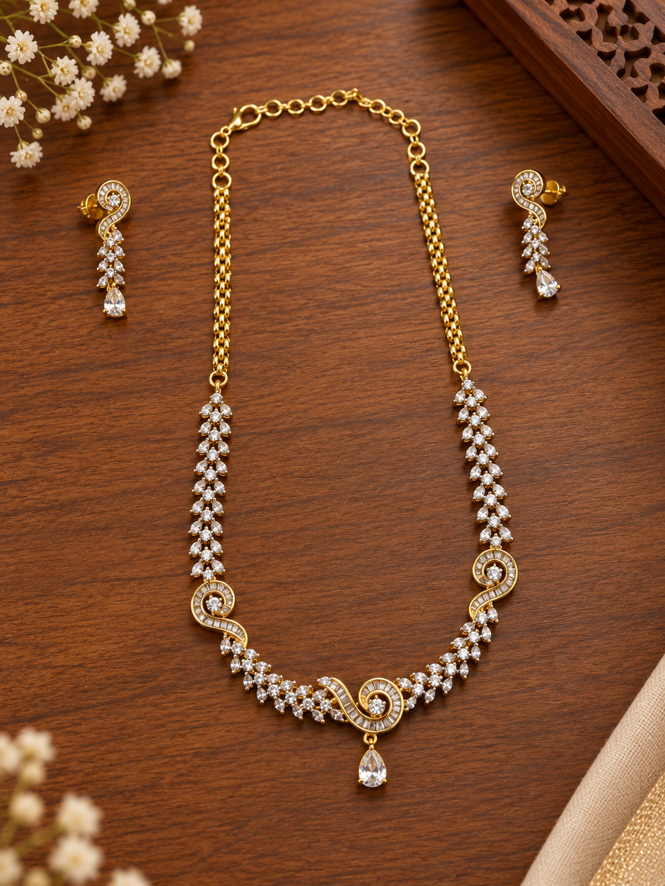 Bhavmayi Gold-Tone CZ Crystal Necklace & Earrings Set