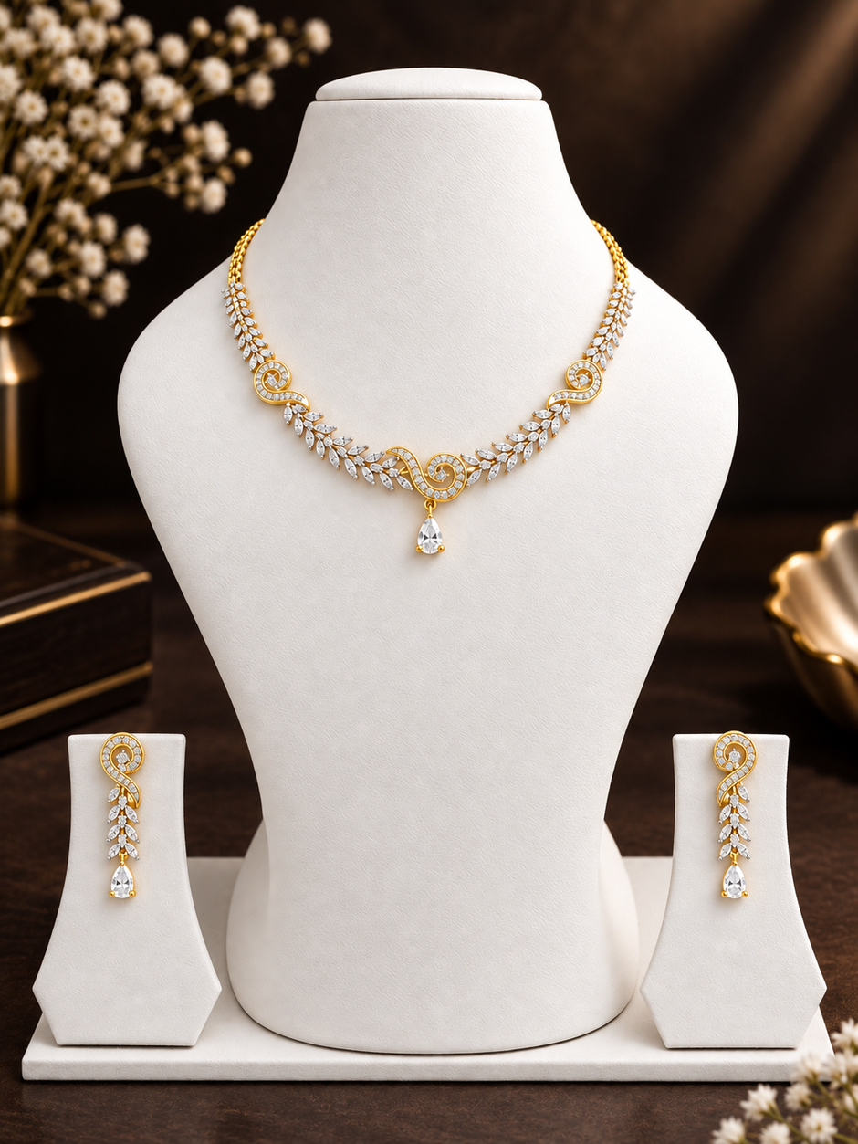 Bhavmayi Gold-Tone CZ Crystal Necklace & Earrings Set