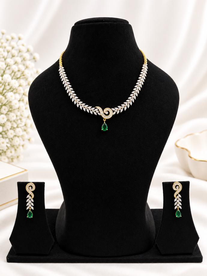 Bhavmayi Gold-Tone Green Emerald Crystal Necklace & Earrings Set