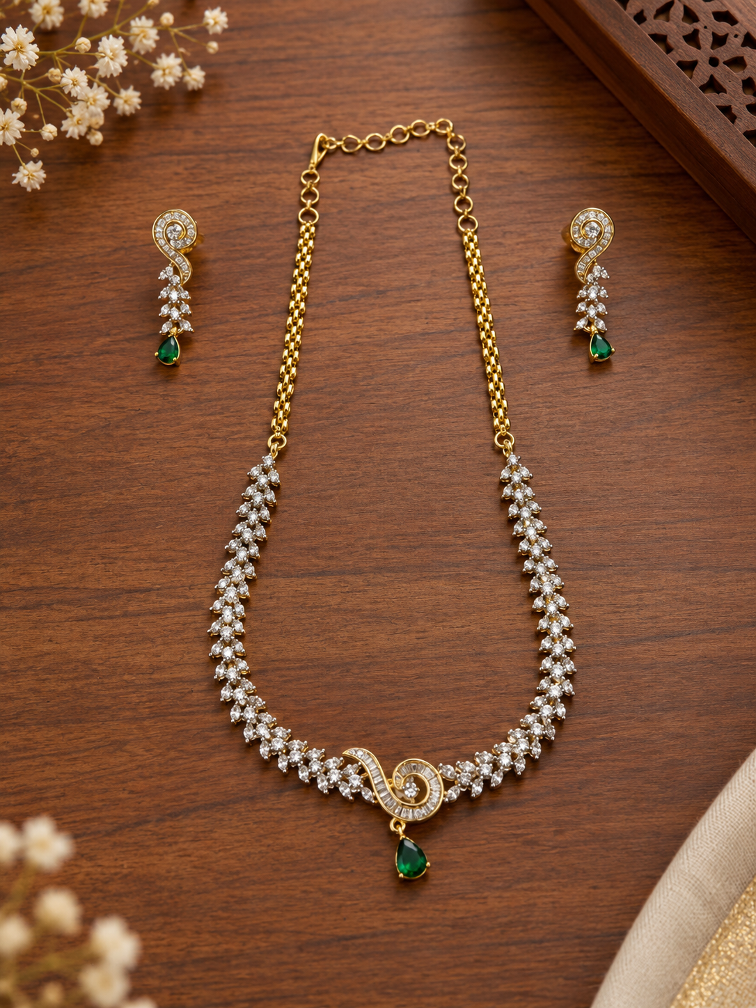 Bhavmayi Gold-Tone Green Emerald Crystal Necklace & Earrings Set