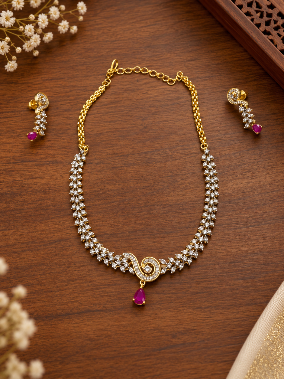 Bhavmayi Gold-Tone Ruby & Crystal Necklace and Earrings Set