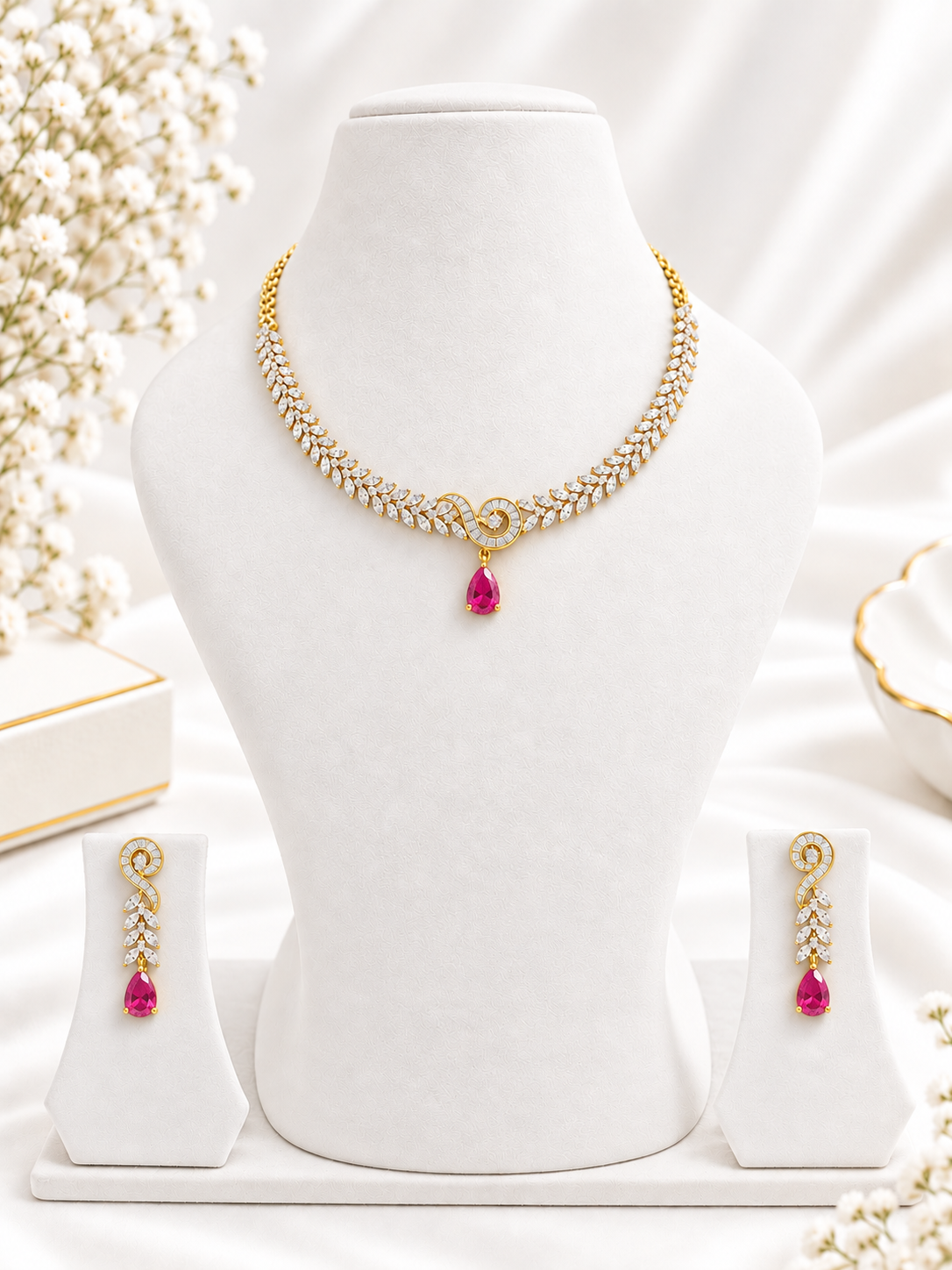 Bhavmayi Gold-Tone Ruby & Crystal Necklace and Earrings Set