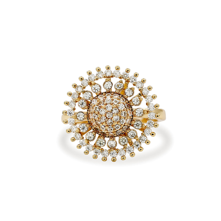 Bhavmayi Gold Plated Round Cubic-Pave Dome Center with Zirconia Sunburst Medallion Ring.