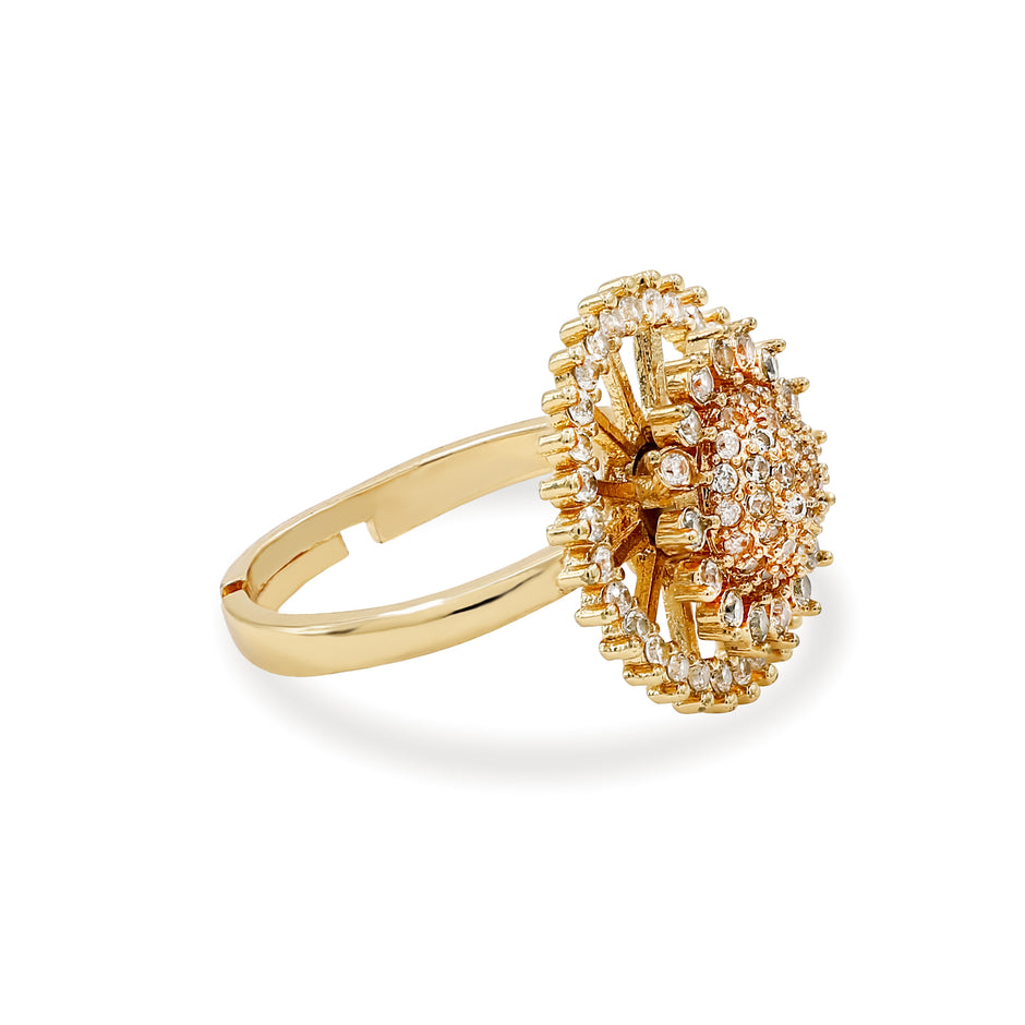 Bhavmayi Gold Plated Round Cubic-Pave Dome Center with Zirconia Sunburst Medallion Ring.