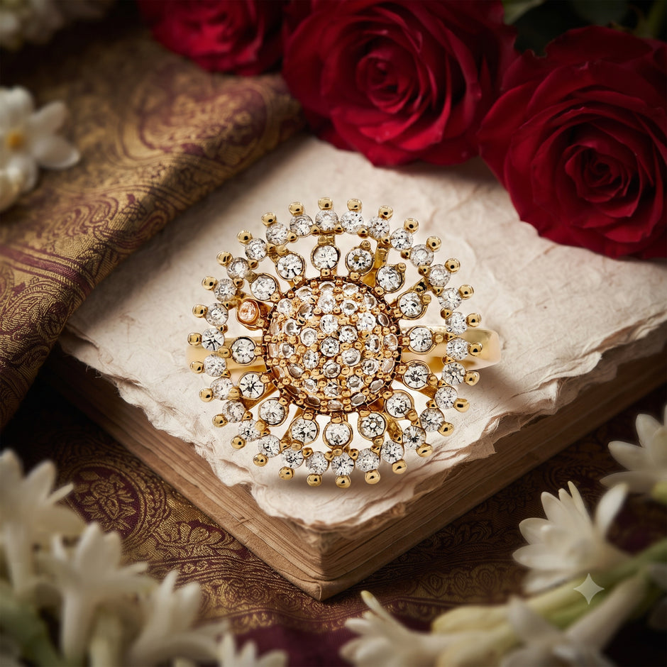 Bhavmayi Gold Plated Round Cubic-Pave Dome Center with Zirconia Sunburst Medallion Ring.