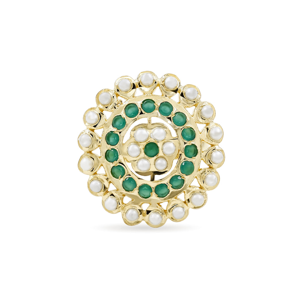 Bhavmayi Gold Plated Traditional Circullar Pearl & Emerald Green Gemstone Statement Jadau Ring