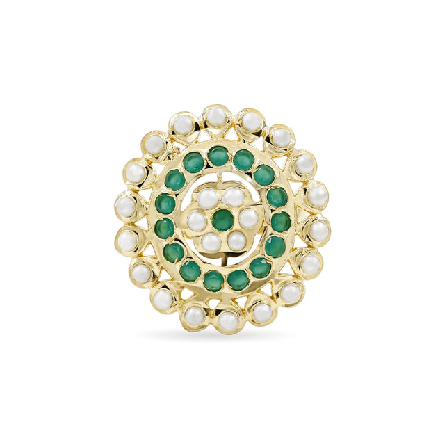 Bhavmayi Gold Plated Traditional Circullar Pearl & Emerald Green Gemstone Statement Jadau Ring