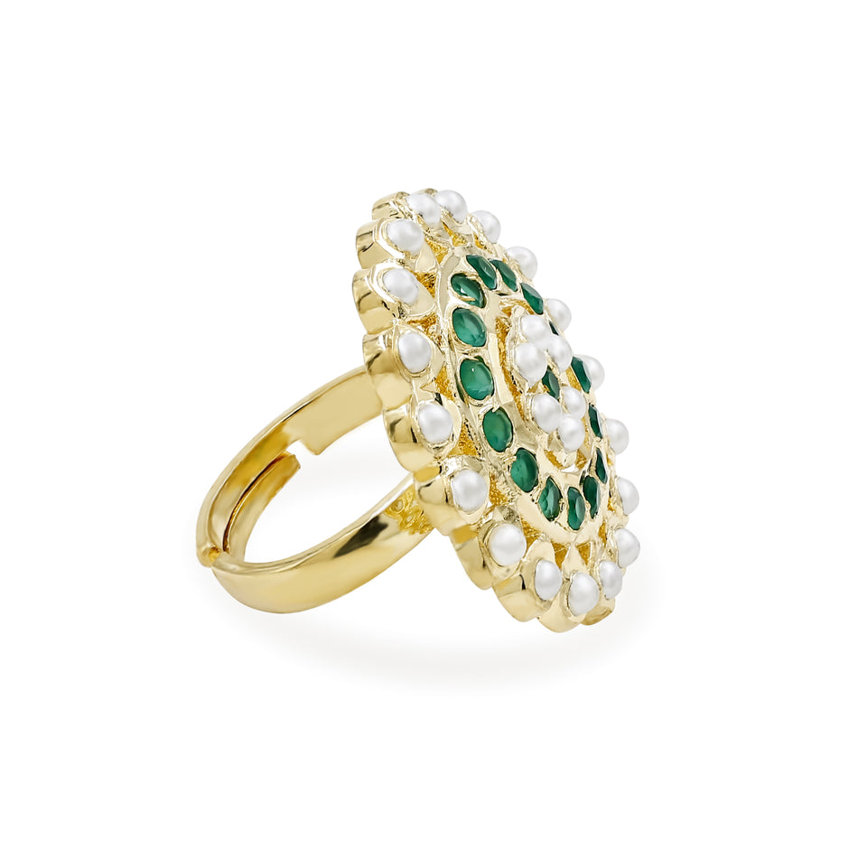 Bhavmayi Gold Plated Traditional Circullar Pearl & Emerald Green Gemstone Statement Jadau Ring