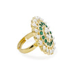 Bhavmayi Gold Plated Traditional Circullar Pearl & Emerald Green Gemstone Statement Jadau Ring