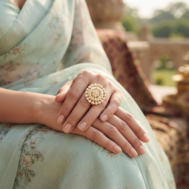 Bhavmayi Gold Plated Traditional Circullar Pearl & Emerald Green Gemstone Statement Jadau Ring