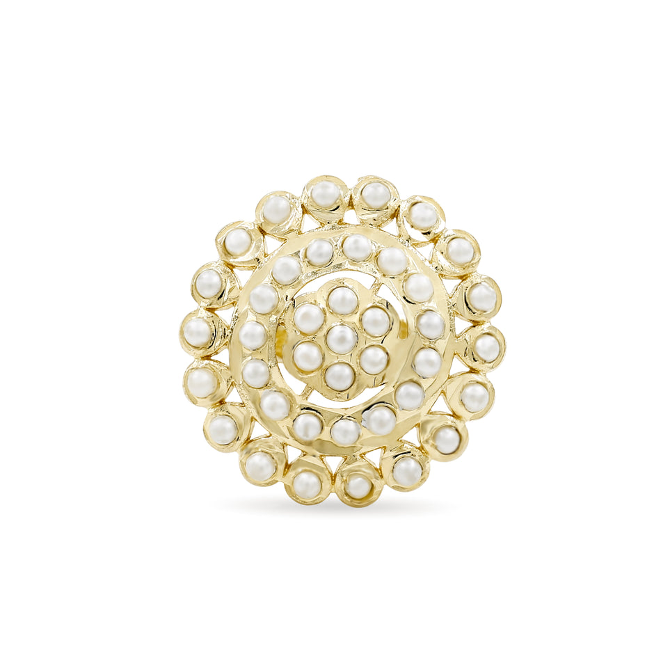 Bhavmayi Gold Plated Traditional Circullar Pearl & Emerald Green Gemstone Statement Jadau Ring