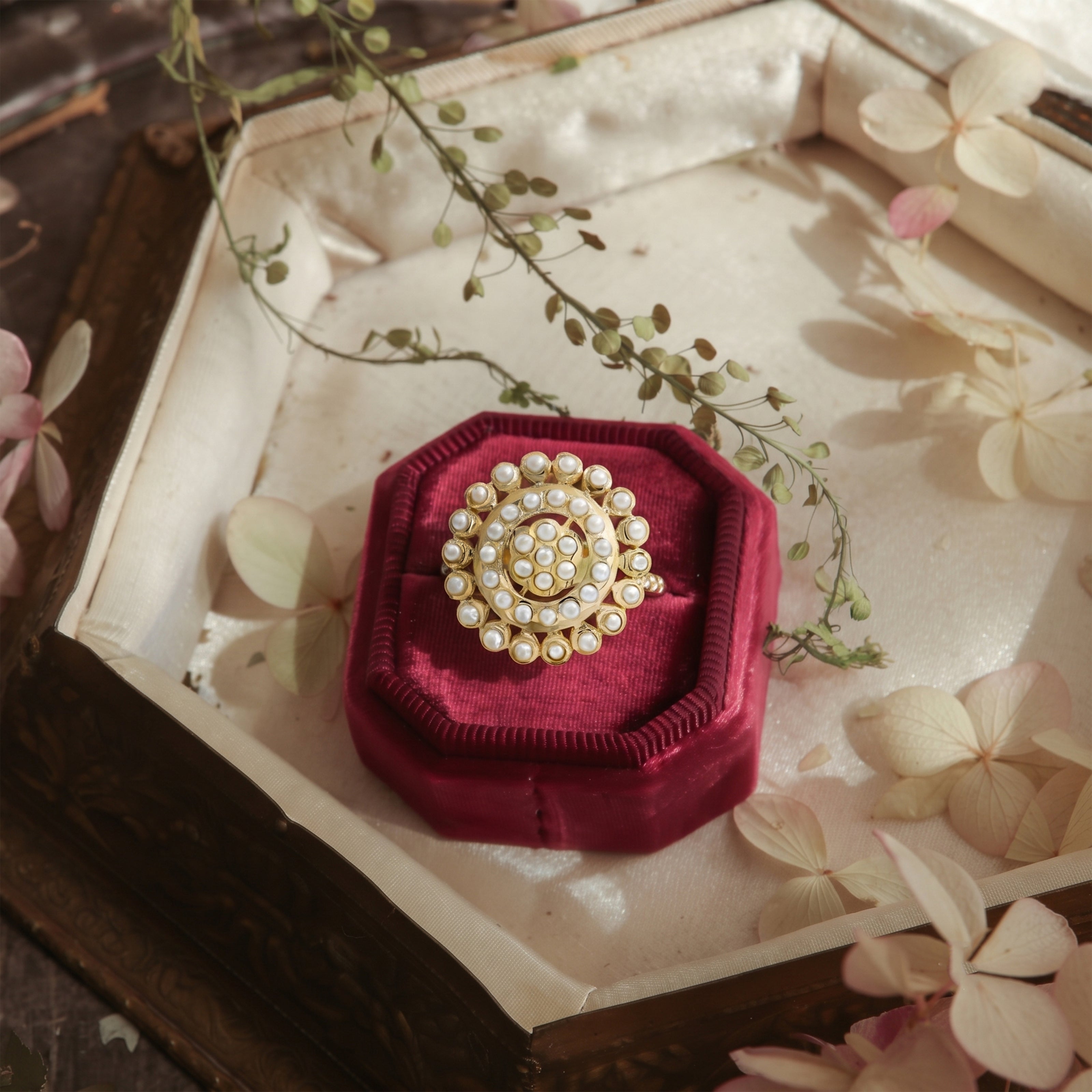 Bhavmayi Gold Plated Traditional Circullar Pearl & Emerald Green Gemstone Statement Jadau Ring